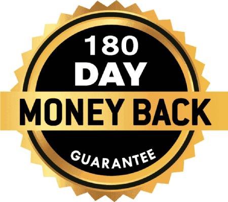 180-Day Money Back Guarantee seal ensuring customers a risk-free purchase with full refund protection.